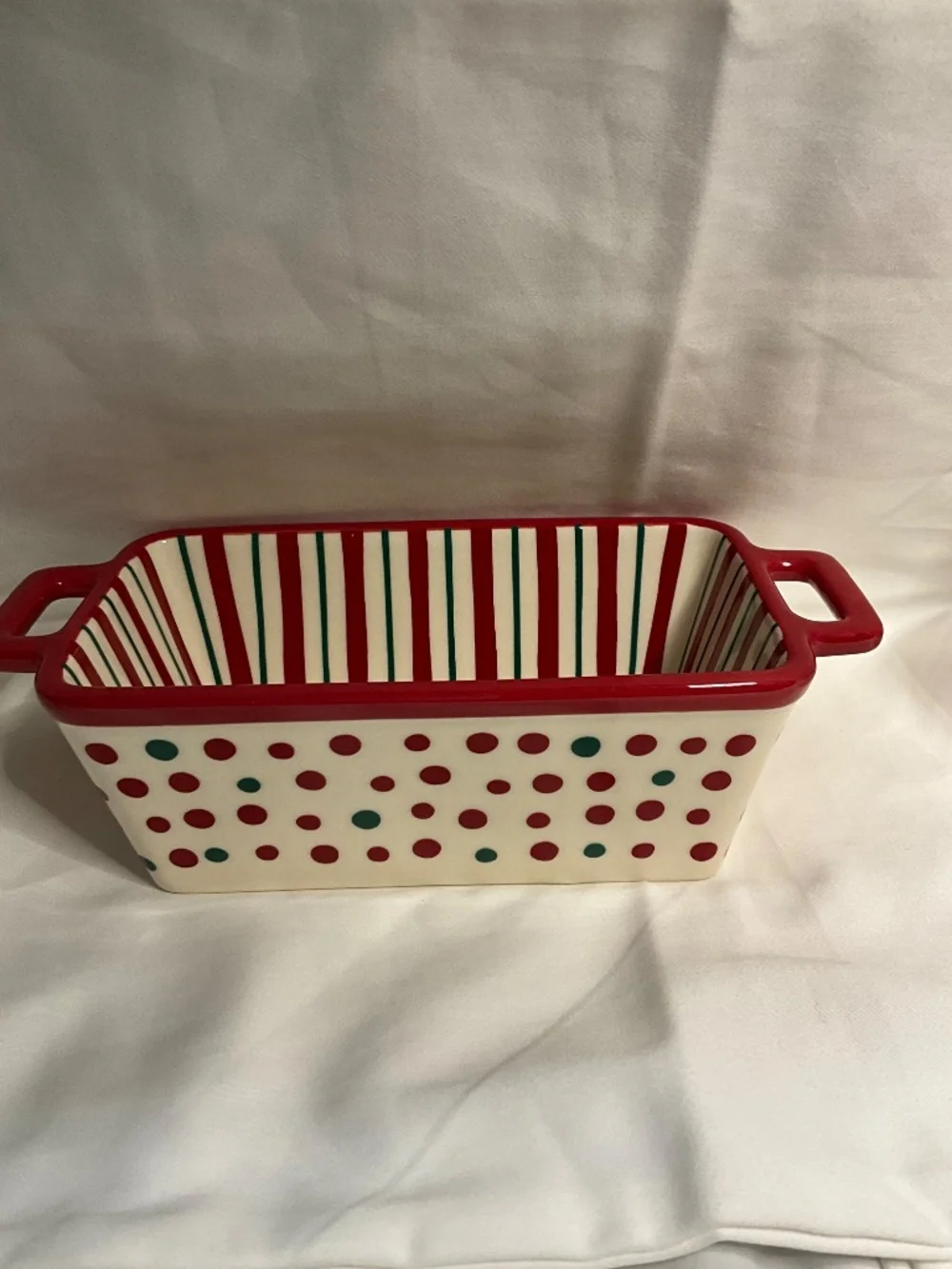 Holiday Time Ceramic Mini Loaf Pan Red and Green Polka Dots And Stripes